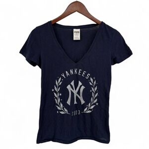 VS PINK NY Yankees T-Shirt Women's S MLB V-Neck‎ Blue Y2K Blokette Shimmer